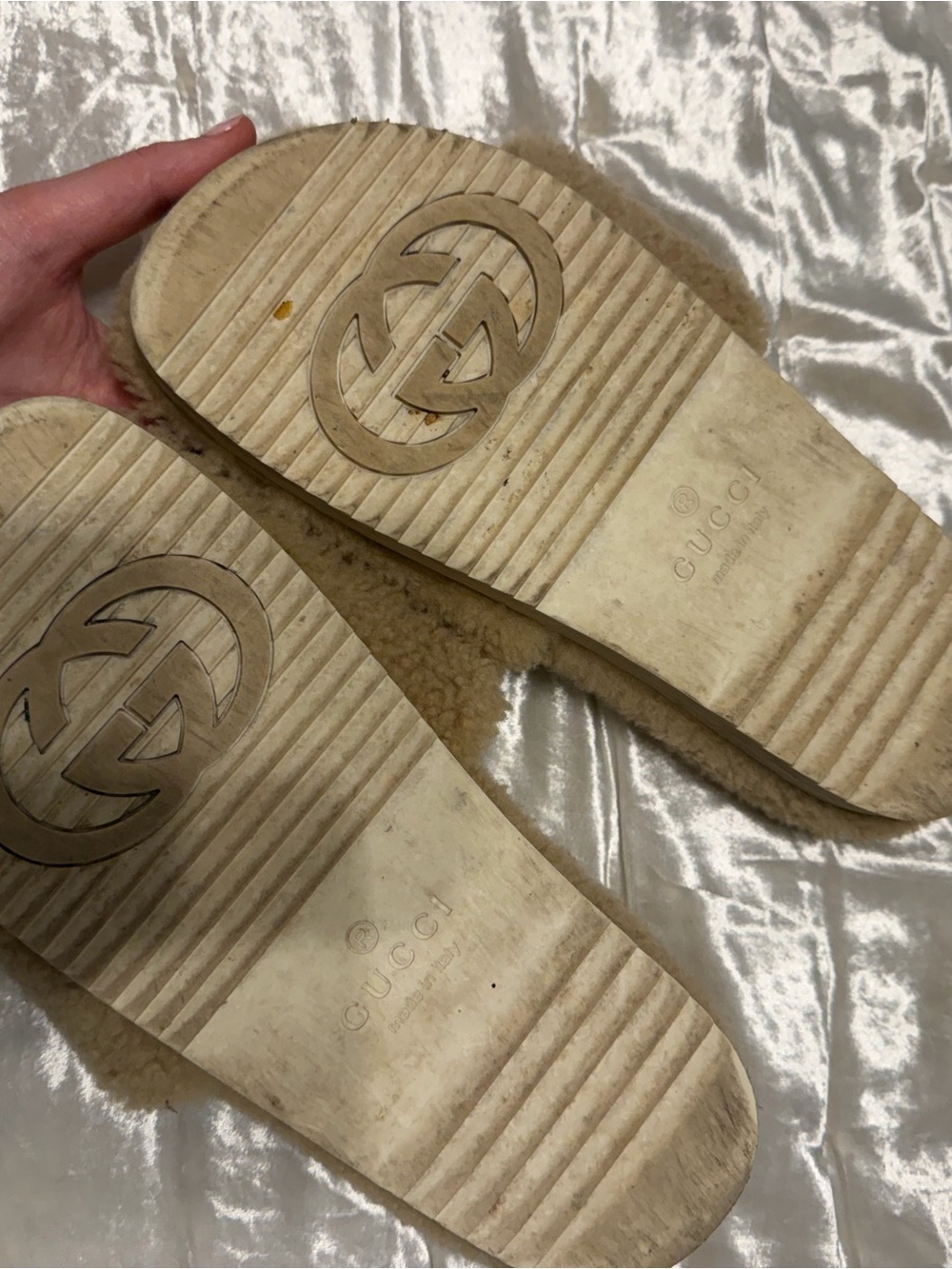 Gucci Fuzzy Slide Sandals with Black Logo Accent - Picture 2 of 4